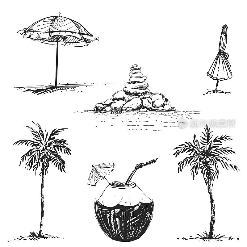 手绘插图一套棕榈和椰子，伞，石头。草图。向量eps 8
